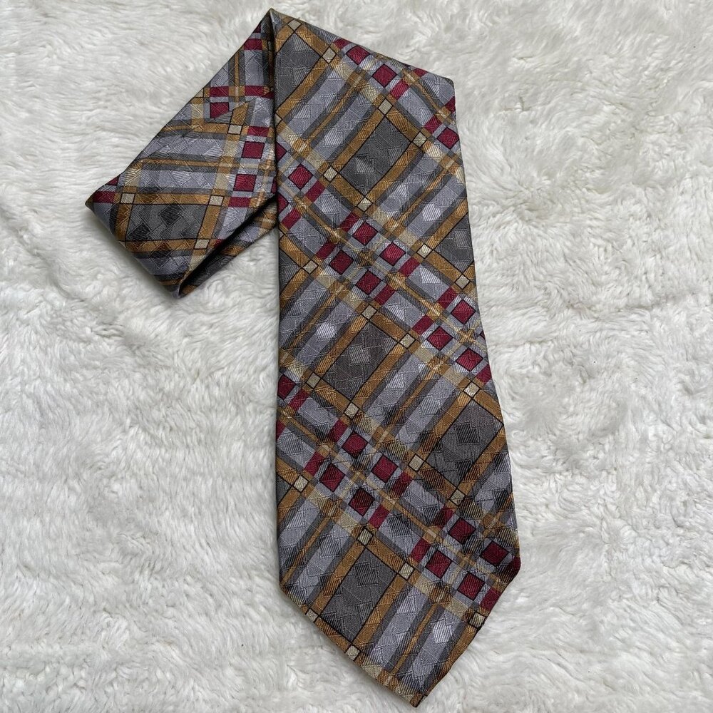 Vintage Christian Dior Men's Grey Gold Checkered Pattern La Chemise Tie